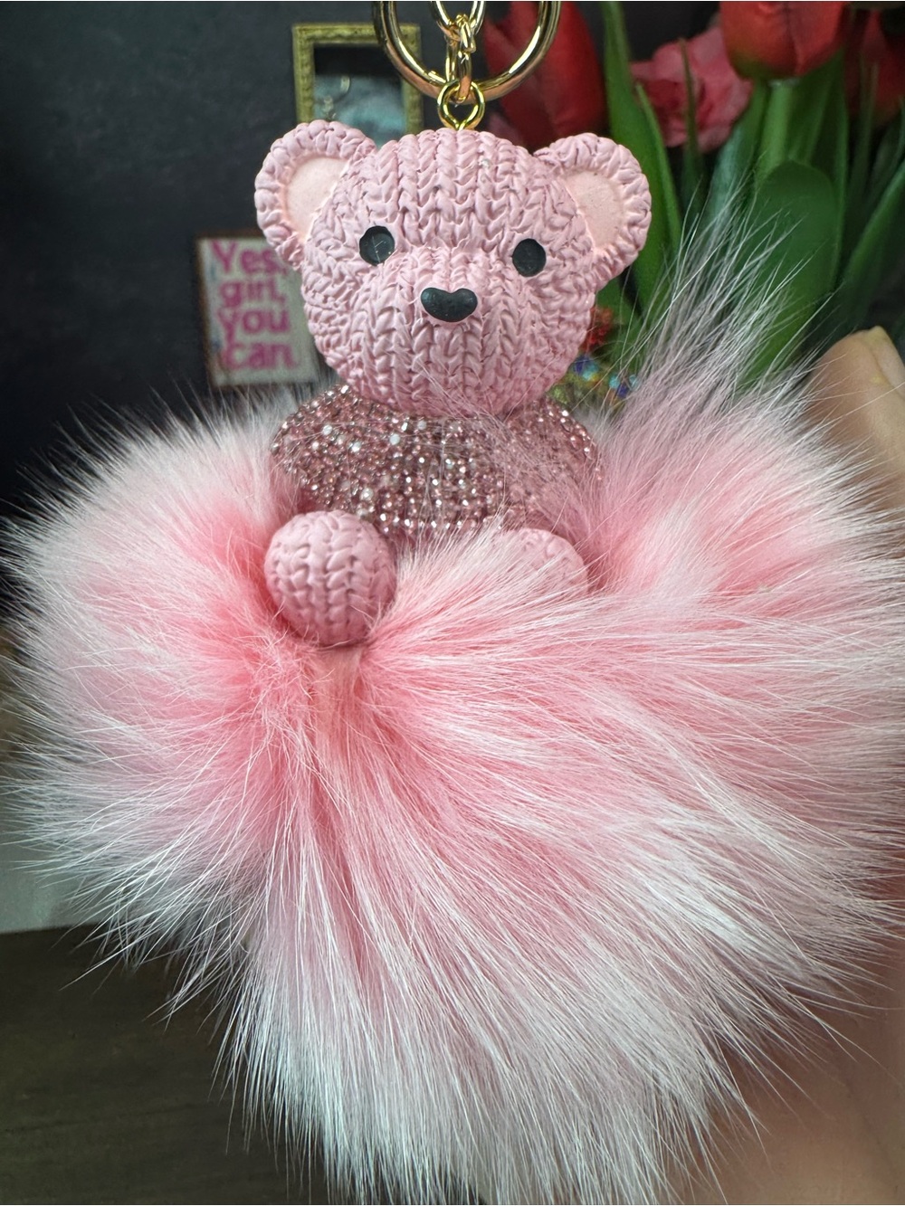 Pink Plush Bear Keychain with Faux Fur Pom Pom - Picture 2 of 4